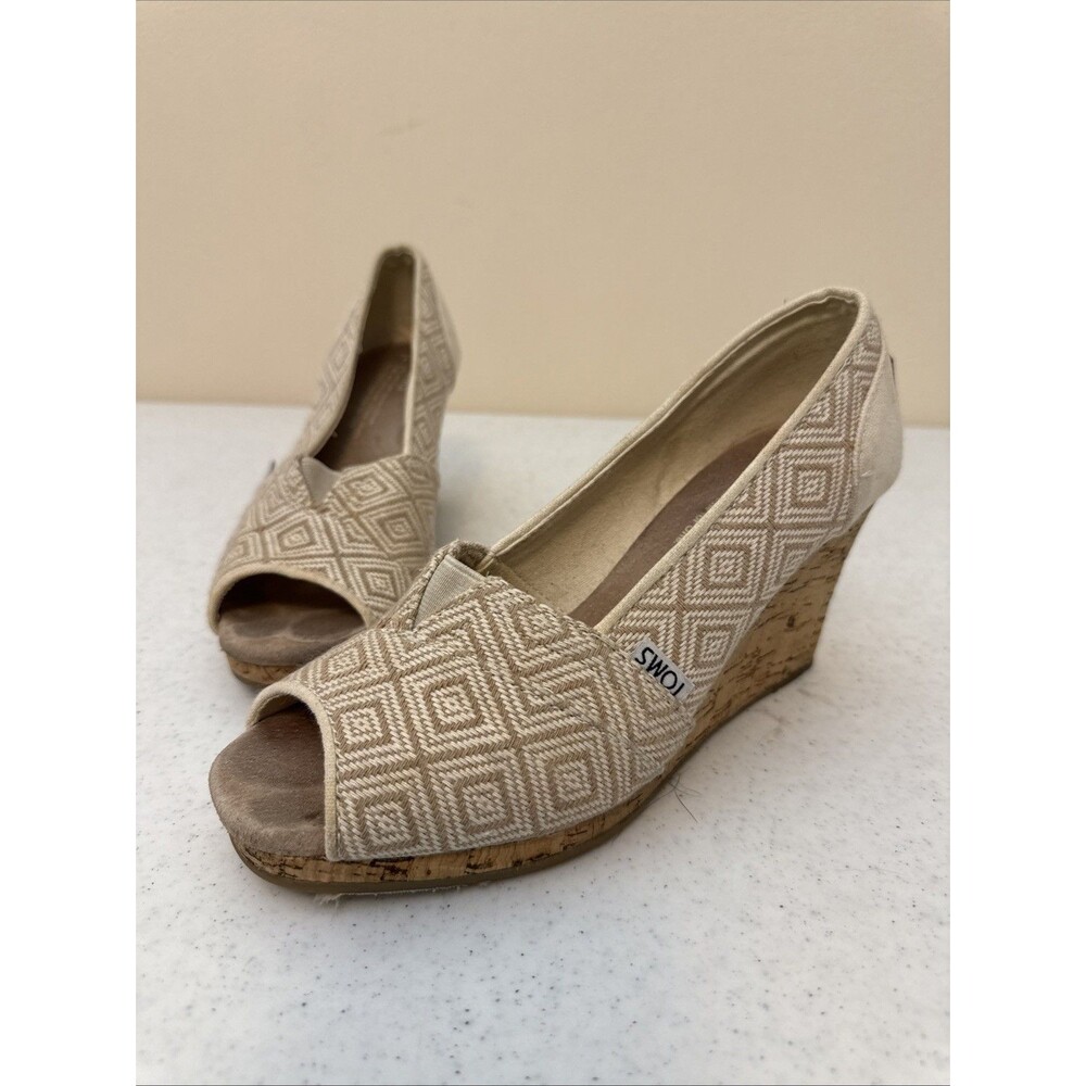 TOMS Cork Wedge Women's US 7 Linen Beige Canvas Peep Toe Heels Boho Coastal EUC